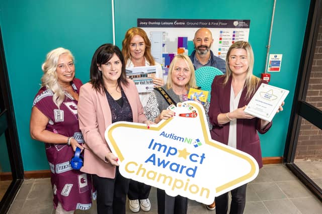 Mayor of Causeway Coast and Glens, Councillor Dawn Huggins pictured with Causeway Coast and Glens, Policy Officer Elaine McConaghie, Autism NI Training and Development Officer, Aishling Steen, Causeway Coast and Glens, Physical Activity & Wellbeing Manager, Grace McMullan and Stuart Harding, and Brenda Boyle, Causeway Coast and Glens Borough Council.