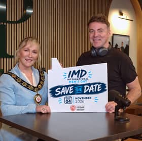 Chair of Mid Ulster District Council, Councillor Deirdre Varsani is pictured with TV personality and Podcast star Thomas Niblock to launch the Council's International Men’s event on Wednesday, November 4 at Pro Form Golf in Maghera.