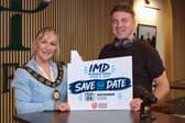 Chair of Mid Ulster District Council, Councillor Deirdre Varsani is pictured with TV personality and Podcast star Thomas Niblock to launch the Council's International Men’s event on Wednesday, November 4 at Pro Form Golf in Maghera.