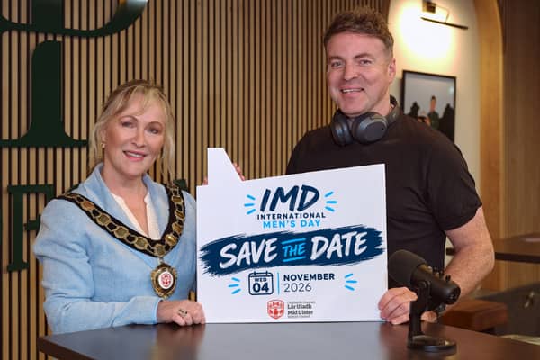Chair of Mid Ulster District Council, Councillor Deirdre Varsani is pictured with TV personality and Podcast star Thomas Niblock to launch the Council's International Men’s event on Wednesday, November 4 at Pro Form Golf in Maghera.