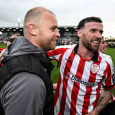 Derry City interim manager Mark Connolly and Patrick McClean celebrate following the Club Orange Men's FAI Cup semi-final match on Saturday.