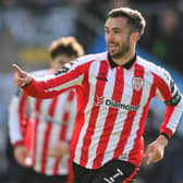 Michael Duffy of Derry City celebrates after scoring Derry's first goal at Eamonn Deacy Park in Galway.