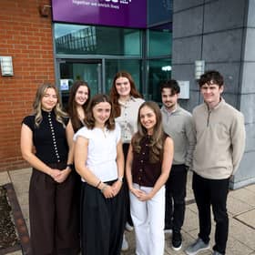 Pictured left-to-right is Kelsi Powell and Sadie Logan, Emma Service, Riona McAuley, Sara Donnelly, Fintan Gallagher and Declan Oliver – Choice’s 2026/27 Placement Programme cohort