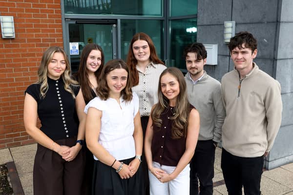 Pictured left-to-right is Kelsi Powell and Sadie Logan, Emma Service, Riona McAuley, Sara Donnelly, Fintan Gallagher and Declan Oliver – Choice’s 2026/27 Placement Programme cohort