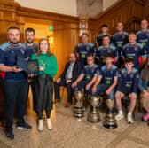 Newbuildings Cricket Club has been recognised by the Mayor Councillor Grace Uí Niallais following their stellar 2026 season during which they achieved a remarkable treble in becoming North West Premiership Champions, Faughan Valley T20 and North West Senior Champions. Receiving a civic crystal gift to commemorate the event is team captain, Ross Hunter with,  chairman Andy Guy and vice-captain, Ryan Hunter. 