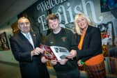 WELL DONE GARY!. . . .Mrs. Ciara Deane, Principal and Mr. Gerry Beattie, Vice Principal, St. Joseph's Boys School congratulating former pupil and current classroom assistant Gary Breslin on the success of his debut play 'The Body of Bobby' which played to packed audiences over the weekend at the Millennium Forum, Derry.