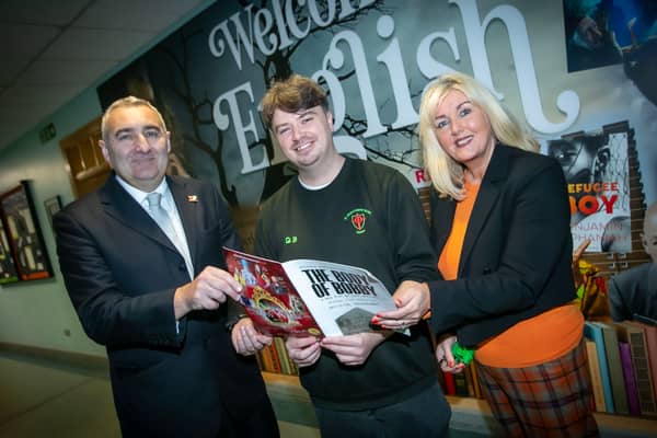 WELL DONE GARY!. . . .Mrs. Ciara Deane, Principal and Mr. Gerry Beattie, Vice Principal, St. Joseph's Boys School congratulating former pupil and current classroom assistant Gary Breslin on the success of his debut play 'The Body of Bobby' which played to packed audiences over the weekend at the Millennium Forum, Derry.