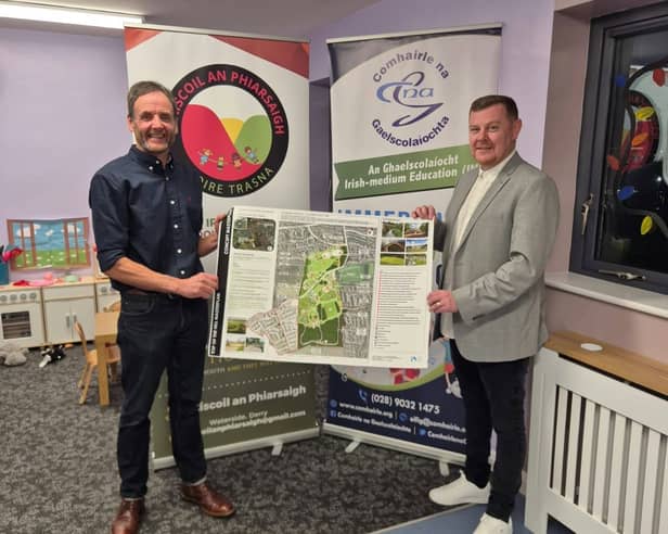Conor Stiobhard (Comhairle na Gaelscolaíocht) & Mark ó Docherty (Gaelscoil an Phiarsaigh).