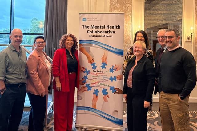 L-R: Chris Shields, Consultant Lead Psychologist; Caroline King, SPPG; Karen O’Brien, Director of Adult Mental Health and Disability Services, Western Trust; Mairead McMullan, SPPG; Anne Beattie, Carer; Dr Brian Sweeney (GP) and Aidan Ormsby, ARC Health Living Centre.