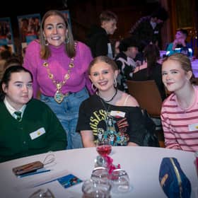 The Mayor Grace Ui Niallais pictured with some of the young people at Tuesday's  'Have Your Say' conference in the Guildhall. 