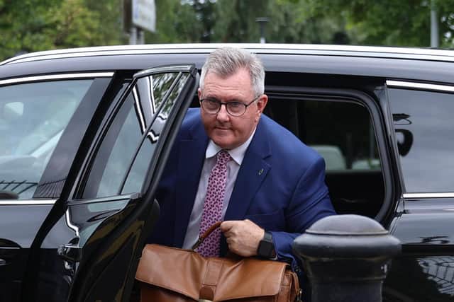 Former DUP leader Jeffrey Donaldson arriving at court during his trial (Liam McBurney/PA)