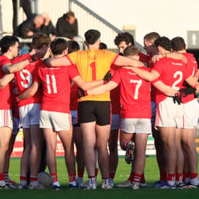 Magherafelt team pre-match huddle before the Senior Football Championship quarter-final against Lavey.