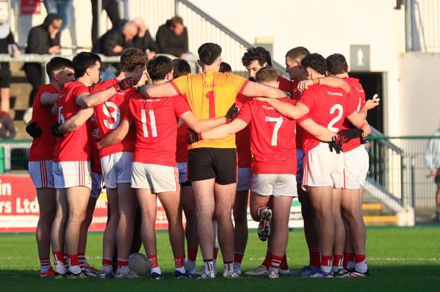 Magherafelt team pre-match huddle before the Senior Football Championship quarter-final against Lavey.