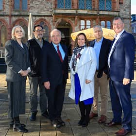 (L-R) Jacqui Begley (Operations Director, IofC UK), Prof. Brandon Hamber (Trustee, IofC UK), Mike Kane MP (Chair of Trustees, IofC UK), Karen Phillips (Director of Regeneration, DCSDC), Colin Kennedy (Natural Capital Regeneration Manager, DCSDC), Stephen Gillespie (Director of Business & Culture, DCSDC), and David Westlake (Executive Director, IofC UK).