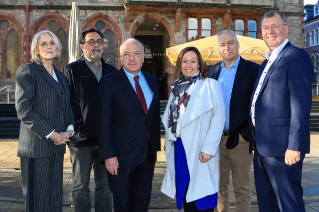 (L-R) Jacqui Begley (Operations Director, IofC UK), Prof. Brandon Hamber (Trustee, IofC UK), Mike Kane MP (Chair of Trustees, IofC UK), Karen Phillips (Director of Regeneration, DCSDC), Colin Kennedy (Natural Capital Regeneration Manager, DCSDC), Stephen Gillespie (Director of Business & Culture, DCSDC), and David Westlake (Executive Director, IofC UK).