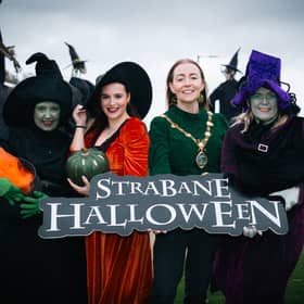 Derry City and Strabane District Council Mayor Grace Uí Niallais pictured at launch of Strabane Halloween with sisters of the coven Wendy, Sophie and Tina. 