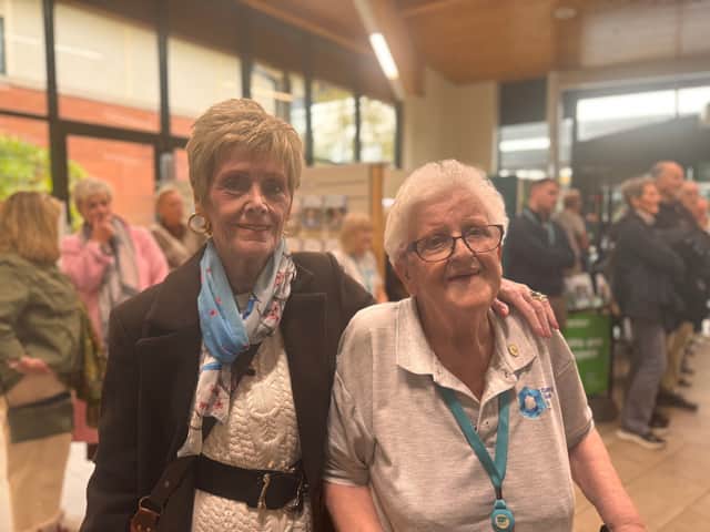 Causeway Hospital Radio volunteer Eleanor Acheson pictured with former volunteer, Eileen Hiles.
