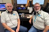 Causeway Hospital Radio volunteers Mervyn Nicholl and Richard Brown behind the desk in the broadcasting studio.