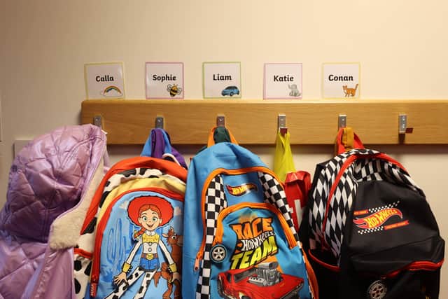 School bags at St Colman’s Primary School in Lambeg, Co Antrim, which received a bomb threat. 