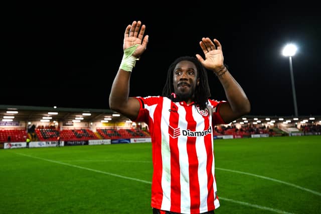 Goalscorer Kevin dos Santos celebrates after Derry City's win over St Patrick's Athletic at The Ryan McBride Brandywell Stadium. PHOTO: Stephen McCarthy/Sportsfile.