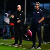 Derry City interim manager Mark Connolly, left, and St Patrick's Athletic manager Stephen Kenny during Monday night's game.