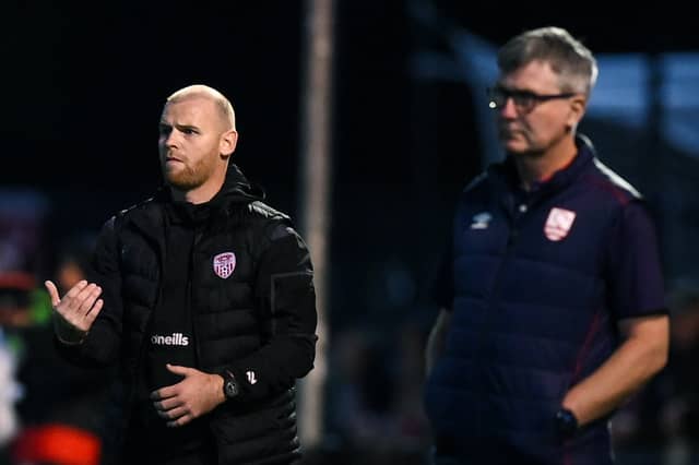 Derry City interim manager Mark Connolly, left, and St Patrick's Athletic manager Stephen Kenny during Monday night's game.