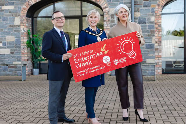 Chair of Mid Ulster District Council, Councillor Deirdre Varsani is pictured at the launch of this year’s Mid Ulster Enterprise Week with John Campbell and Lynette Fay.
