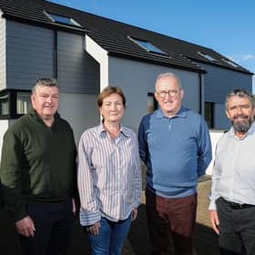 Smart living and lower running costs: pictured (from left) Niall Gribbin, Director of Setanta Construction; homeowners Anne-Marie & Eddie McGoldrick; and Mark Gribbin, Director of Setanta Construction outside the McGoldrick’s full-electric, smart tech home that costs £44 per week to run, including electric vehicle charging.
