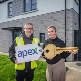 Jennifer Lindsay received the keys to her new home in Maple Glen at The Cashel recently and says it's been life-changing for her family. Pictured with Joe Doherty from Apex Housing Association.