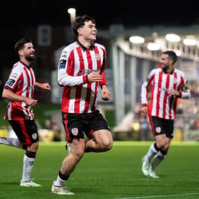 James Clarke celebrates his sides first goal during last weekend's SSE Airtricity Men's Premier Division match at Brandywell against Dundalk.