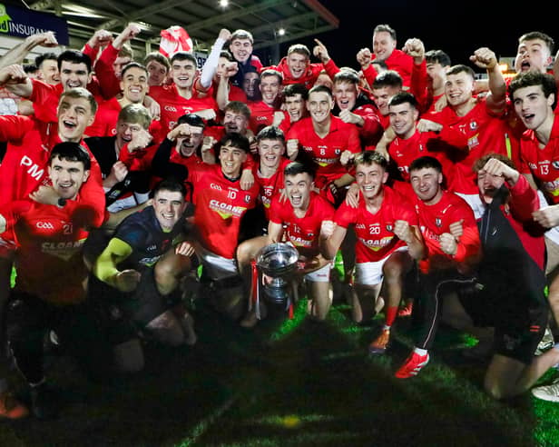 Magherafelt’s players in jubilation on winning  O’Neill’s Derry Club Senior Championship beating Newbridge in the final in Celtic Park, on Sunday.