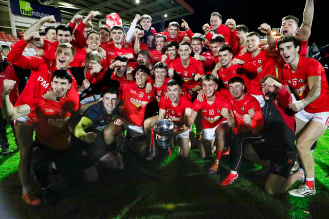 Magherafelt’s players in jubilation on winning O’Neill’s Derry Club Senior Championship beating Newbridge in the final in Celtic Park, on Sunday.