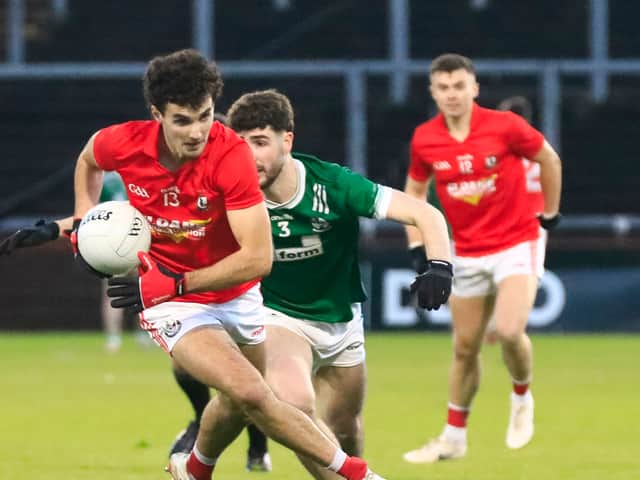 Magherafelt’s Conal Higgins races up the field in the O’Neill’s Derry Club Senior Championship final against Newbridge in Celtic Park, on Sunday.