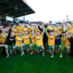 Desertmartin’s players celebrate their victory against Greenlough in the McFeely Group Derry Club Intermediate Championship final held in Celtic Park, on Sunday. 