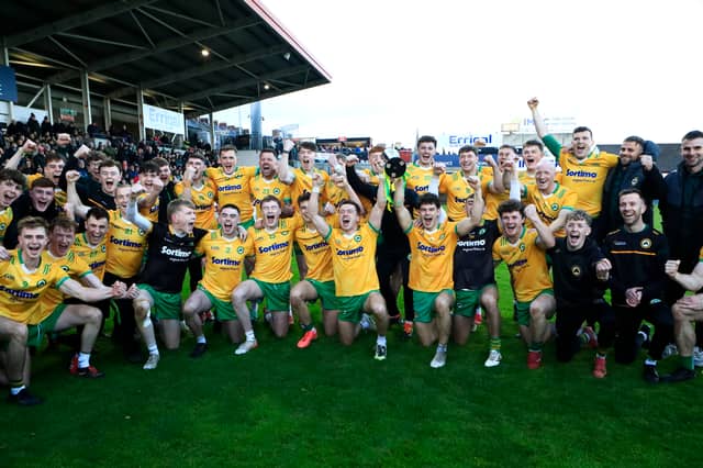 Desertmartin’s players celebrate their victory against Greenlough in the McFeely Group Derry Club Intermediate Championship final held in Celtic Park, on Sunday.