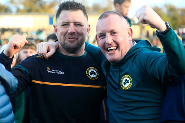 Desertmartin’s manager Paul Mellon punches the air in celebration in the McFeely Group Derry Club Intermediate Championship with his team beating Greenlough in the final held in Celtic Park, on Sunday.