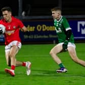 Magherafelt’s Conal Heron pushes forward in the O’Neill’s Derry Club Senior Championship final against Newbridge in Celtic Park, on Sunday.