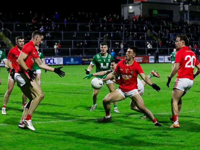 Action in the O’Neill’s Derry Club Senior Championship final Magherafelt v Newbridge in Celtic Park, on Sunday.
