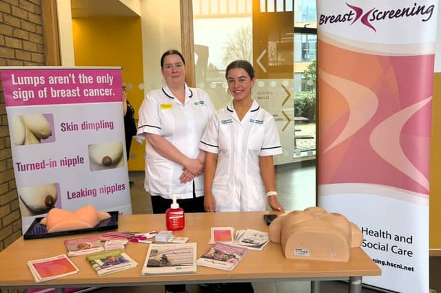 Emma and Ciara from the Western Trust Breast Team are pictured at an information stand at Altnagelvin Hospital this week to support Breast Cancer Awareness Month