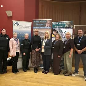   Pictured at the ‘Staying Safe, Staying Independent’ day of free road safety and scam advice for the over 65s in Sion Mills are: Sergeant Maggie Harkin of the Strabane Neighbourhood Policing Team; Marie O’Brien, volunteer with RVSNID; Constable Lorraine Bull; Vanessa Russell, manager of Derry and Strabane PCSP; Debbie Mullan, Chairperson of RVSNID; along with RVSNID volunteers Keria Mullan-Logan, Joanne Karran and Eamonn Karran.   