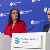 Emma Little-Pengelly looking at Michelle O’Neill beside her, who is speaking