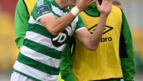 Lafferty and McEneff celebrating after Shamrock Rovers crowned champions