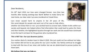 Lyra McKee's family to deliver letters to homes in Creggan asking for help to bring her killer to justice