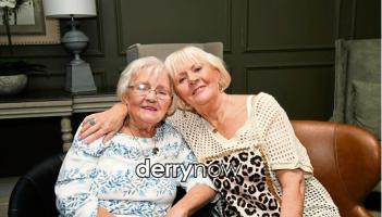 Mary Nelis pictured with her sister Anna McHugh at her 90th birthday celebrations in the Ebrington Hotel