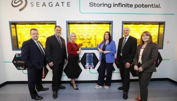 Kieran Donoghue, Invest NI, John Morris, CTO, Seagate, FM Michelle O’Neill, DFM Emma Little-Pengelly, Fergus O’Donnell, Wafer Operations NI, & Economy Minister, Dr Caoimhe Archibald.