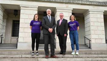 Finance Minister John O’Dowd & Health Minister Mike Nesbitt with Sands reps Rachel McGonigle & Kelly Barnes wearing their Baby Loss Awareness Week ribbon badges in support of the baby loss community.