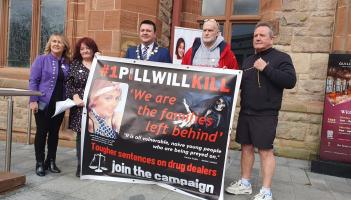 Anti-drug awareness rally: From left; Ciara Ferguson MLA (Sinn F&eacute;in), Pauline Duddy (anti-drug camaigner), Mayor Ruair&iacute; McHugh, William Burns (One Pill Will Kill) and Gary Lenaghan (campaigner).