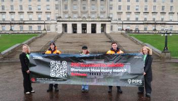 Representatives from Foyle Search and RescuePIPS Suicide Prevention Charity & Rural Support at Stormont, Parliament Buildings calling on the NI Executive to fully fund the mental health strategy.