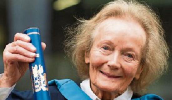 90-year-old Derry woman Maryette McFarland who graduated from the Open University with a degree in English Literature at a  ceremony in Belfast on Tuesday. PHOTO: Paul Moane/The Open University/PA.