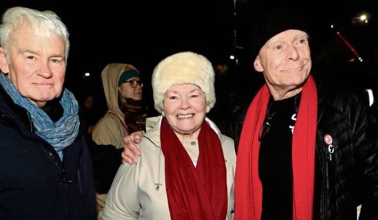 Tommy McKearney, main speaker, former H Block prisoner, hunger striker of 1980 and co founder of FFP, with Kate Nash and Eamon McCann at the Five For Palestine Rally at Free Derry Corner.